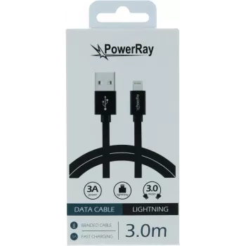 Cabo de dados PowerRay USB para Lightning 3 m têxtil preto PR-DCUL300TBK