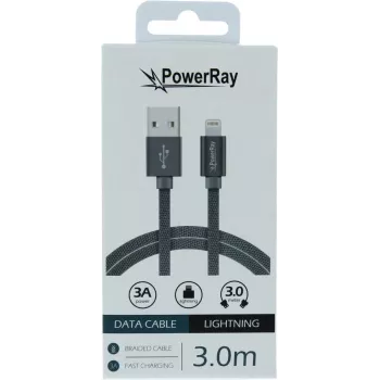 Cabo de dados e carregamento PowerRay USB para Lightning 3 m têxtil cinzento PR-DCUL300TGY