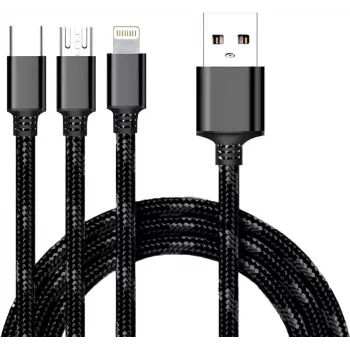 CYOO Cabo de carregamento e dados USB 3-em-1 – Micro USB, USB-C, Lightning – preto