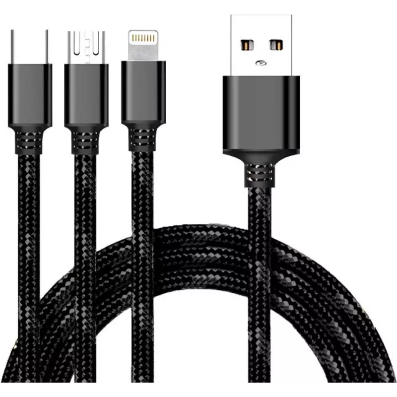 CYOO Cabo de carregamento e dados USB 3-em-1 – Micro USB, USB-C, Lightning – preto