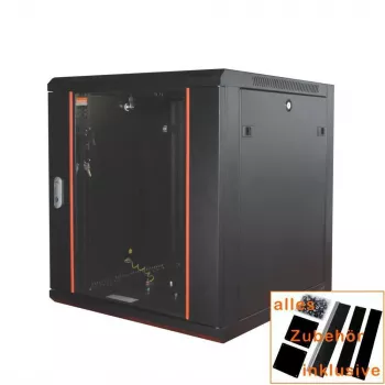 IT-BUDGET Armário de rede 19 polegadas SWA - 12U - 570x600 mm - porta de vidro - painéis laterais amovíveis - montagem na parede/chão - conjunto de acessórios - preto 90ITB19WS1266GS