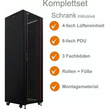 IT-BUDGET Armário de rede 19 polegadas SRK conjunto completo - 38U - 600x600 mm - porta de vidro/aço - 4 ventoinhas ativas - PDU - prateleiras - flatpack - preto (90ITB19SRK3866GS)