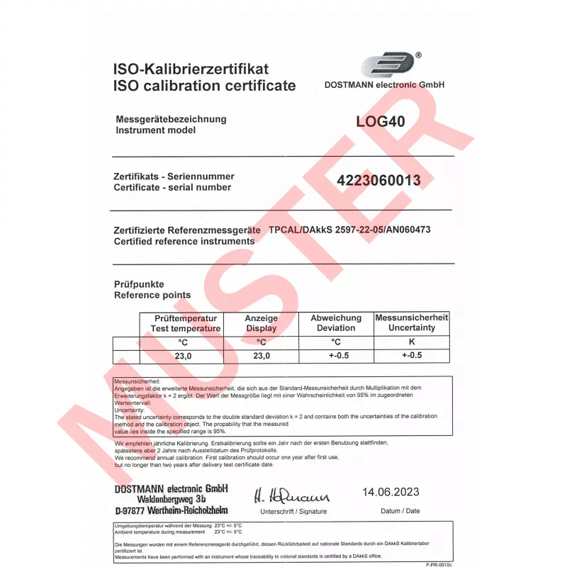 TFA Dostmann LOG40 Registador de dados de temperatura calibrado ISO USB PDF, -40 a +60 °C