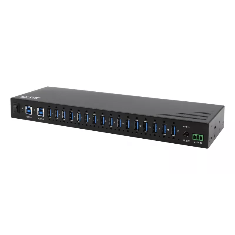 EXSYS EX-11236HMS Hub industrial USB 3.2 Gen 1 de 16 portas com proteção 15KV ESD, montagem em parede e calha DIN