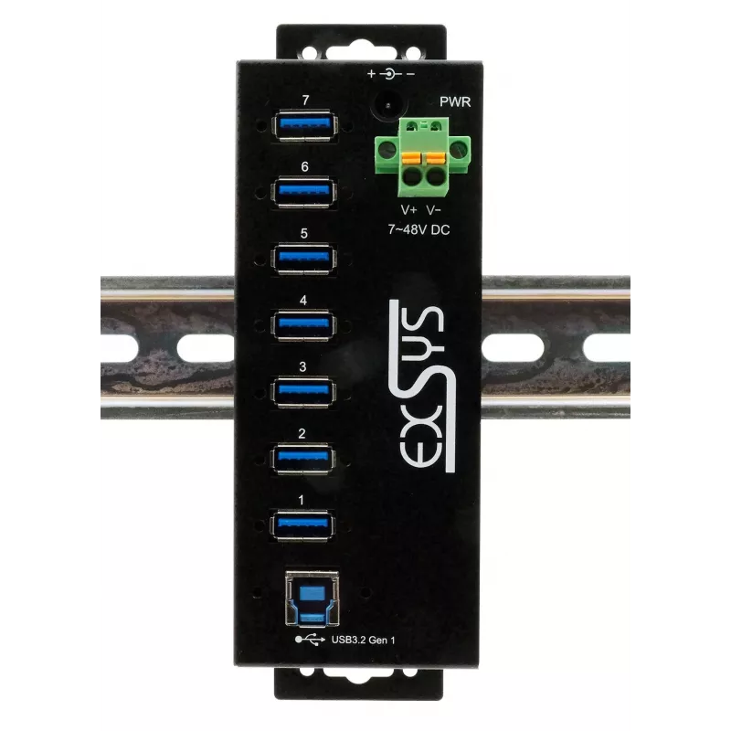 EXSYS Hub industrial USB 3.2 Gen1 de 7 portas com kit para calha DIN e proteção ESD de 15kV (EX-1187HMVS-2)