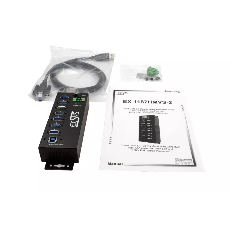 EXSYS Hub industrial USB 3.2 Gen1 de 7 portas com kit para calha DIN e proteção ESD de 15kV (EX-1187HMVS-2)