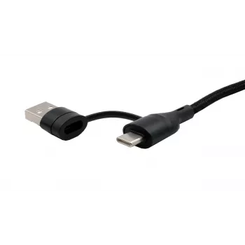 Cabo múltiplo de carregamento e dados EXSYS EX-K1404 2-em-1 para 3-em-1 USB-C/A para USB-C/Micro B/Lightning em nylon entrelaçado, 1,2 m, preto