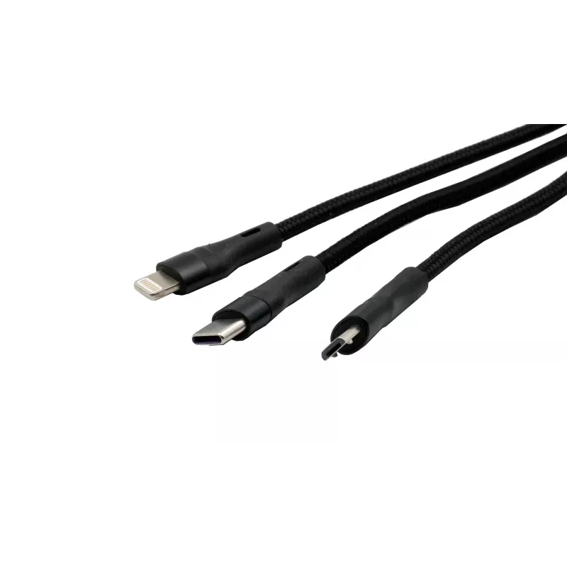 Cabo múltiplo de carregamento e dados EXSYS EX-K1404 2-em-1 para 3-em-1 USB-C/A para USB-C/Micro B/Lightning em nylon entrelaçado, 1,2 m, preto