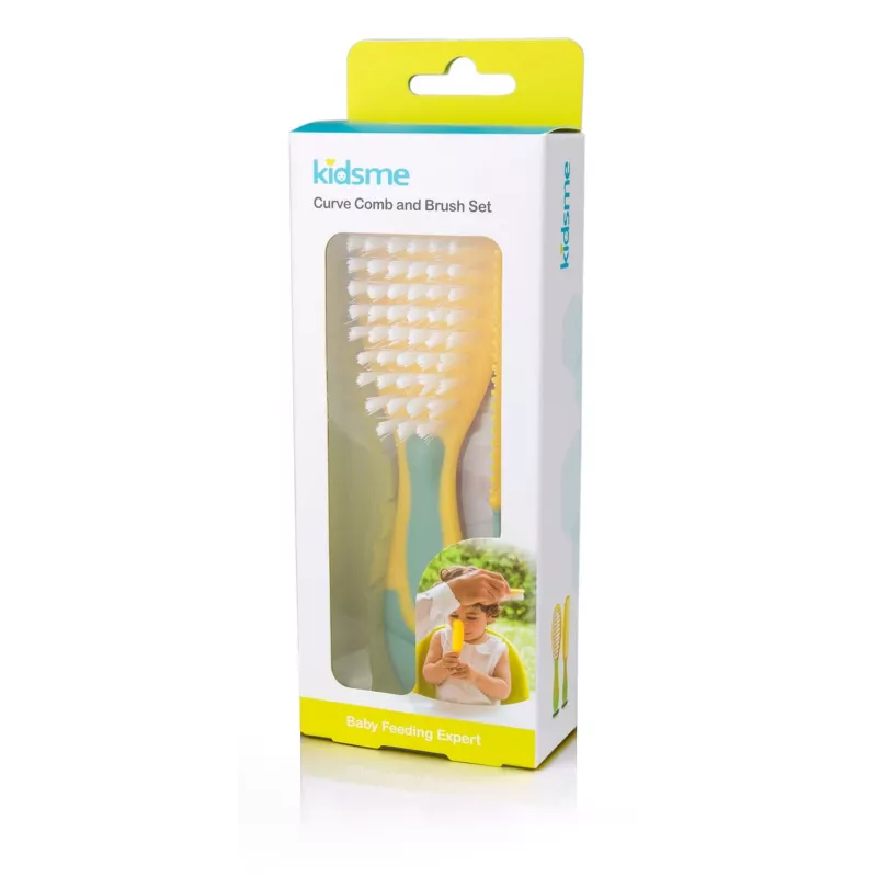 Conjunto de escova e pente para bebé Kidsme – cerdas macias, sem BPA, ergonómico, branco/cinzento