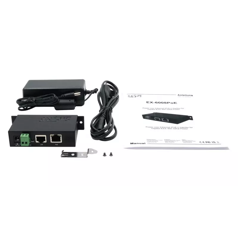 EXSYS EX-6008POE Injetor Gigabit PoE++ , 60W, IEEE 802.3bt, entrada de terminais 48-57V DC, montagem em calha DIN/parede