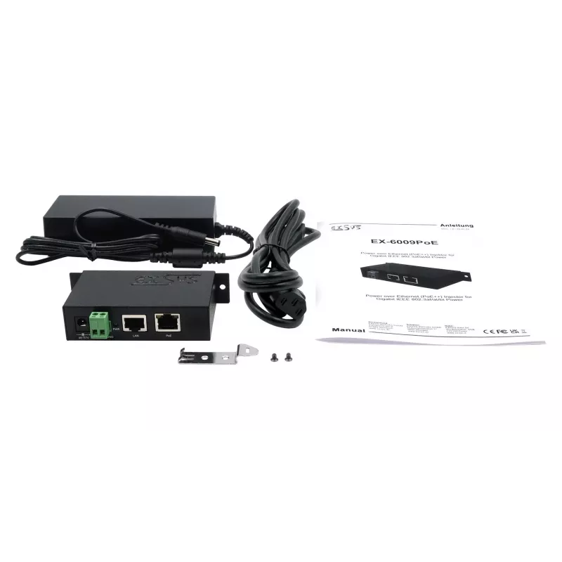 EXSYS EX-6009POE Injetor Gigabit PoE++ 90W, entrada de bloco de terminais 48-57V DC, IEEE 802.3bt Type 4, montagem em calha DIN/parede