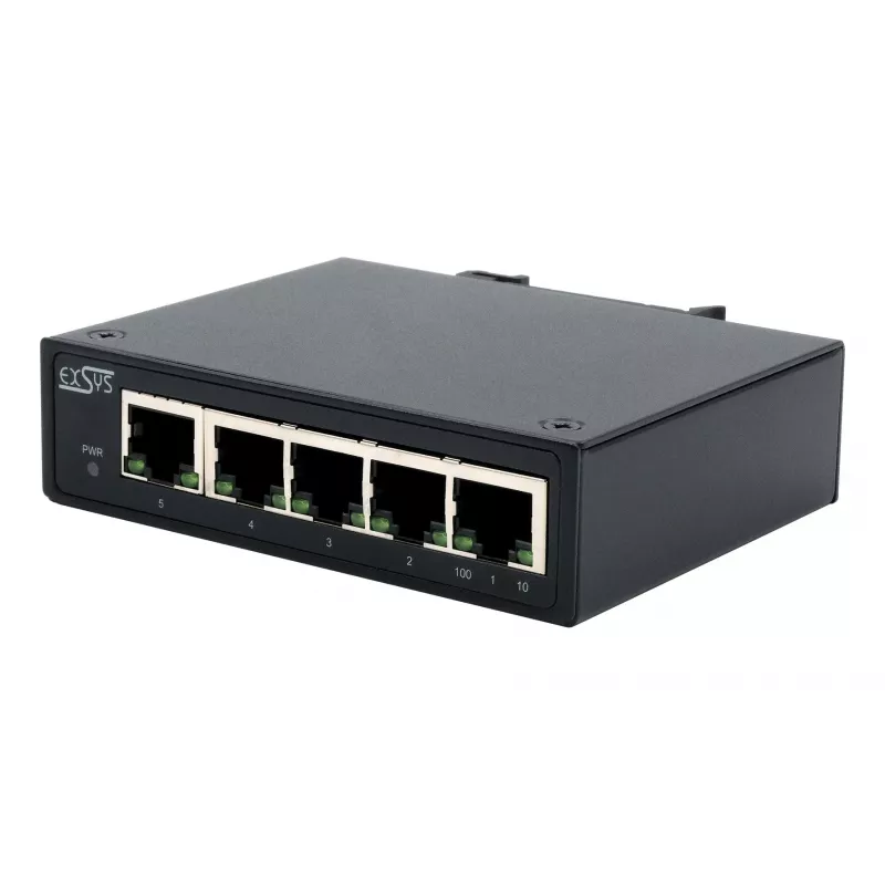 EXSYS Switch Ethernet industrial de 5 portas, 10/100 Mbps, calha DIN, -40° a +75°C EX-6200-T