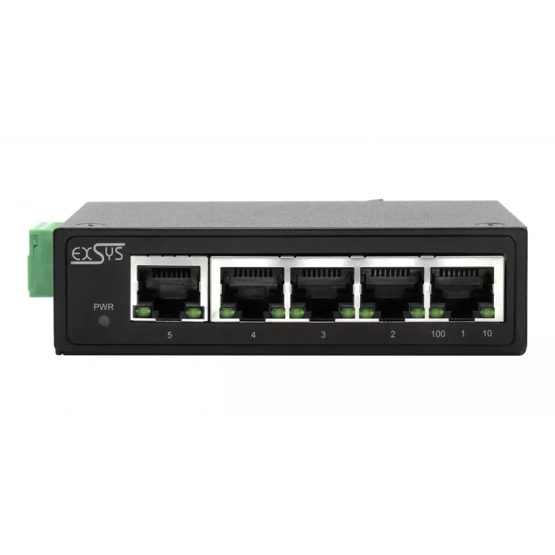 EXSYS Switch Ethernet industrial de 5 portas, 10/100 Mbps, calha DIN, -40° a +75°C EX-6200-T