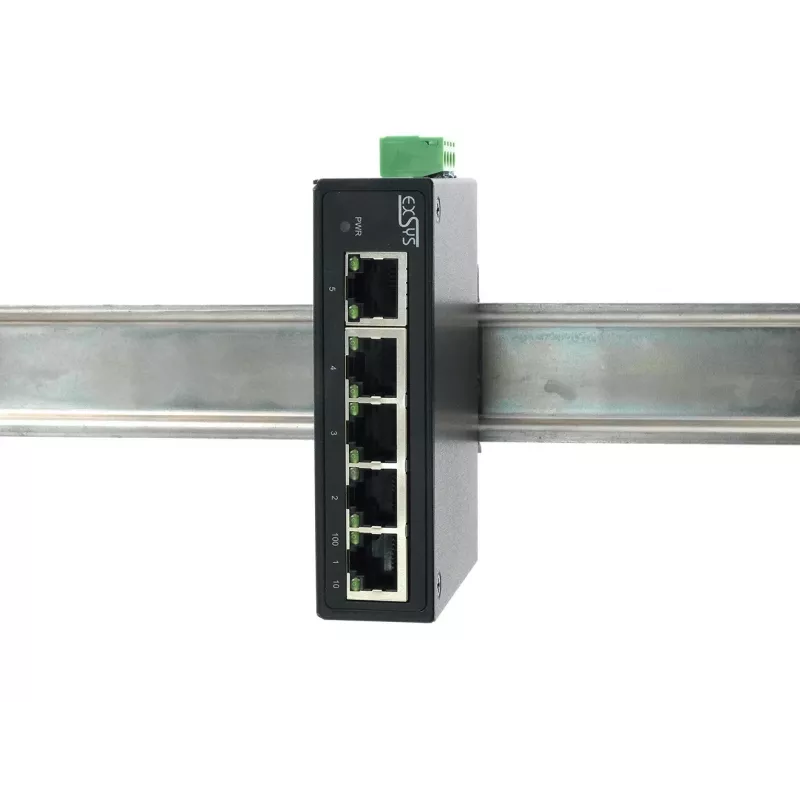 EXSYS Switch Ethernet industrial de 5 portas, 10/100 Mbps, calha DIN, -40° a +75°C EX-6200-T