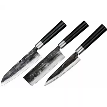 SAMURA SP5-0220 Conjunto de 3 facas de cozinha, lâminas em aço inoxidável AUS-8, cabos em ABS preto, faca de descascar, multiusos e de chef