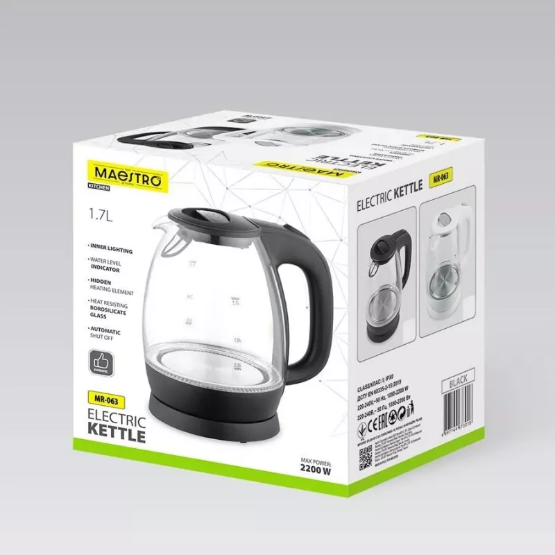 Maestro MR-063 Chaleira elétrica preta 1,7 L 2200 W