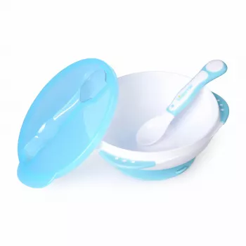 Conjunto de alimentação para bebé Kidsme com tigela com ventosa, tampa e colher térmica, aquamarina, 9+ meses
