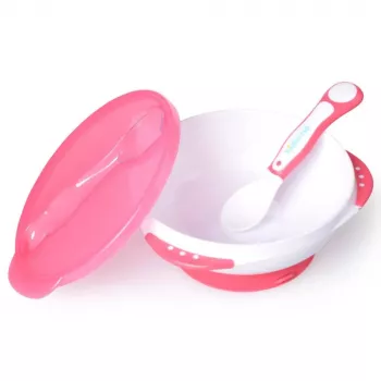 Conjunto de tigela de aprendizagem para bebé Kidsme com base com ventosa, tampa e colher com termómetro, lavanda, 9m+