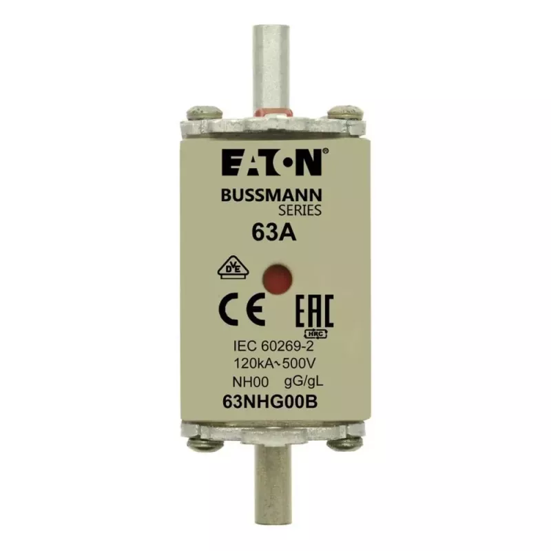 Eaton 63NHG00B cartucho fusível NH 63 A 500 V AC gG tamanho 00 com indicador mecânico (pack de 3)