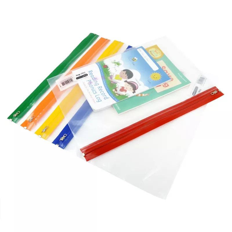 Rapesco Zippi Bags A5+ sacos com fecho, 250 x 195 mm, transparente com bordo azul, laranja, verde, vermelho, amarelo, pack de 5 1502
