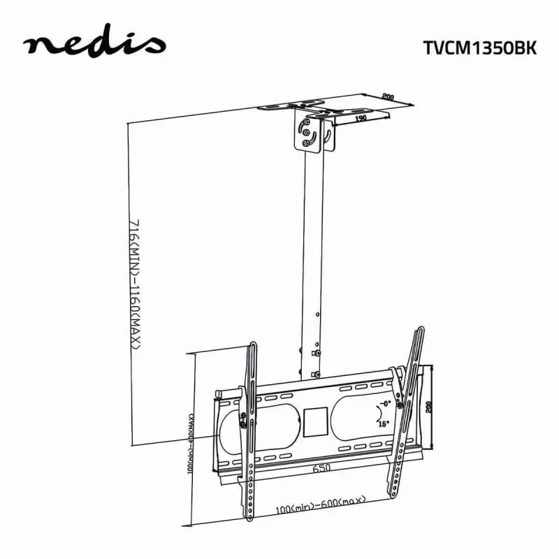 Nedis TVCM1350BK suporte de teto para TV, 42-65 polegadas, VESA até 600x400, preto