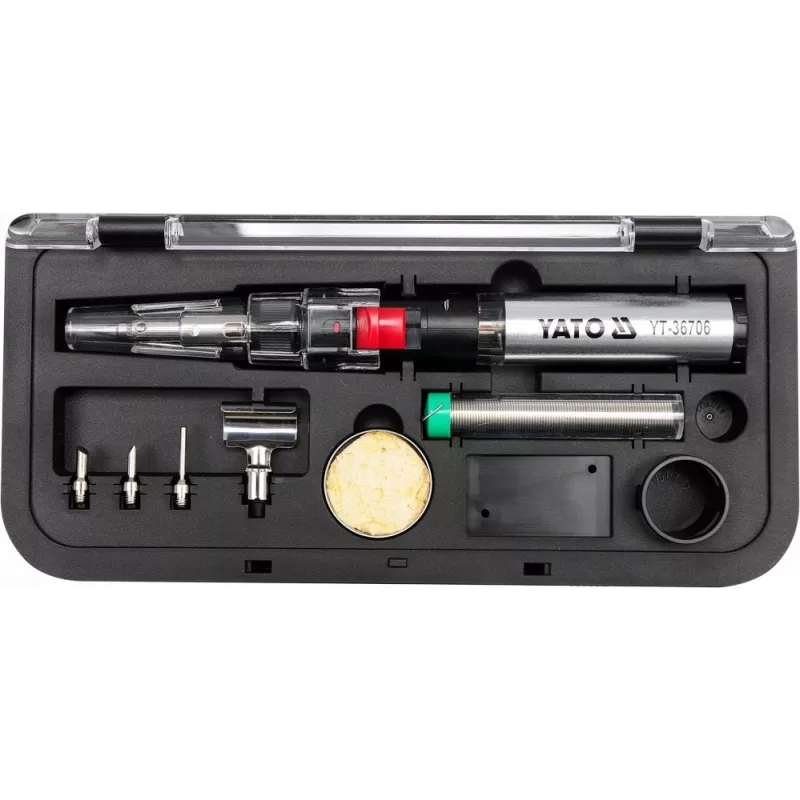 Ferro de soldar a gás Yato YT-36706 1300°C maçarico a butano com soprador de ar quente, preto/vermelho/aço inoxidável