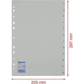 LEITZ Esselte separadores de plástico, numerados 1-12, A4, branco, furação universal, 10 conjuntos (100153)