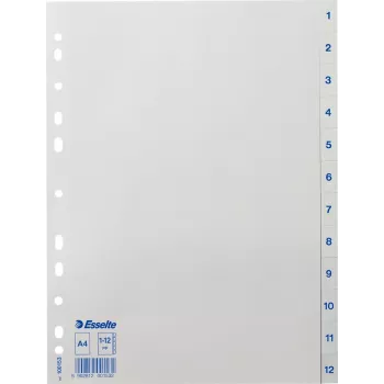 LEITZ Esselte separadores de plástico, numerados 1-12, A4, branco, furação universal, 10 conjuntos (100153)