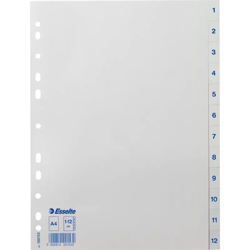 LEITZ Esselte separadores de plástico, numerados 1-12, A4, branco, furação universal, 10 conjuntos (100153)