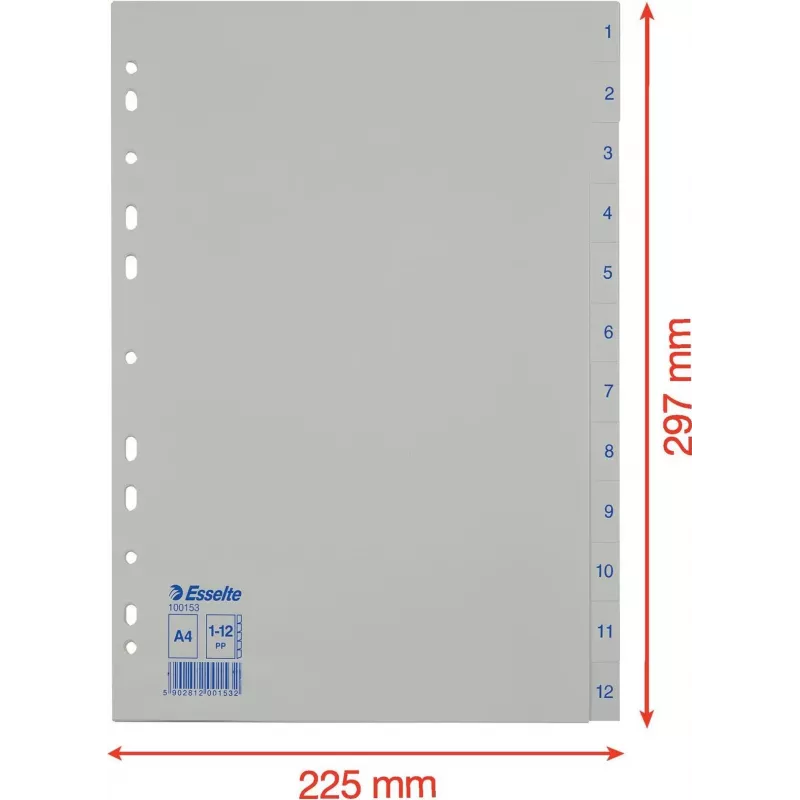 LEITZ Esselte separadores de plástico, numerados 1-12, A4, branco, furação universal, 10 conjuntos (100153)