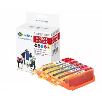 Conjunto de cartuchos de tinta de alto rendimento compatíveis G&G para Canon PGI-550XL/CLI-551XL (pack de 5: preto, ciano, magenta, amarelo) 14790