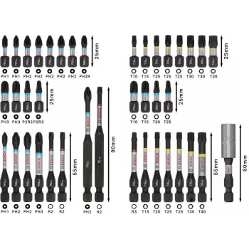 Conjunto de 34 peças de brocas e bits de aparafusar Bosch 2608521U79 com suporte universal magnético, mala X-Line
