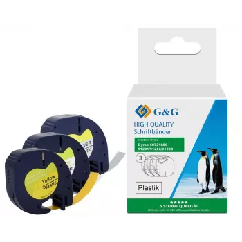 G&G TD-RL-D-91201/2/8-3P Conjunto de fitas de etiquetar, 12 mm, pack de 3 (branco, amarelo, prateado sobre preto), compatível com DYMO D1