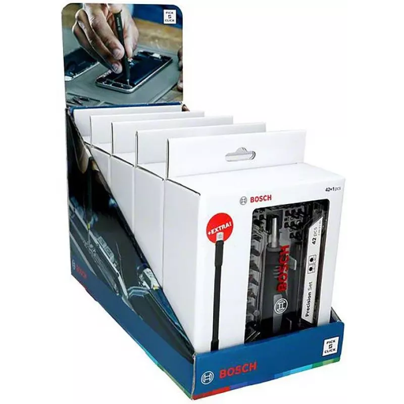 Bosch Conjunto de bits de chave de fendas de precisão Expositor, 5 conjuntos com 33 peças (165 no total), aço S2, sextavado de 1/4 polegadas, bits PH/PZ/S/H/T, suporte magnético, expositor de venda 2607002837,0