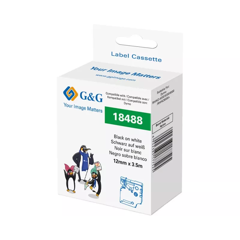 G&G Fita de etiquetar flexível em nylon 12mm x 3,5m para Dymo Rhino, branco com impressão preta (RL-D-Ny-18488-BK/WT-12MM*3.5M)