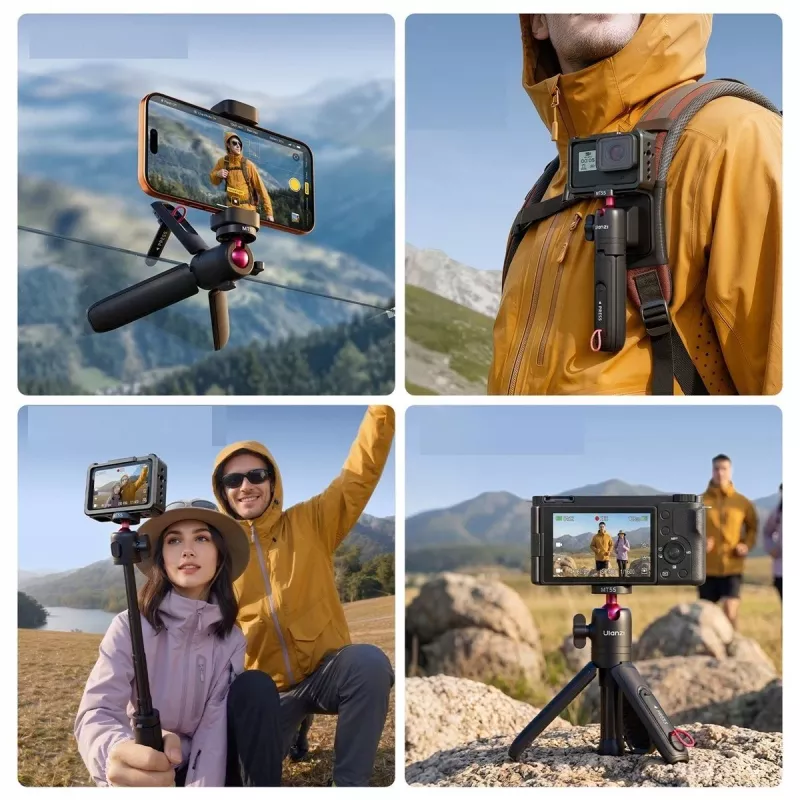 ULANZI MT-55 mini tripé 4 em 1 bastão selfie com punho e clipe para mochila, com cabeça de esfera, parafuso de 1/4 polegadas, suporte para telemóvel 60-85 mm, liga de alumínio, preto