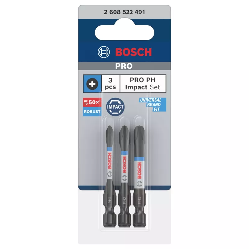 Conjunto de pontas Phillips PH2 Bosch 2608522491, 3 peças, 25 mm, encaixe sextavado de 1/4 polegada
