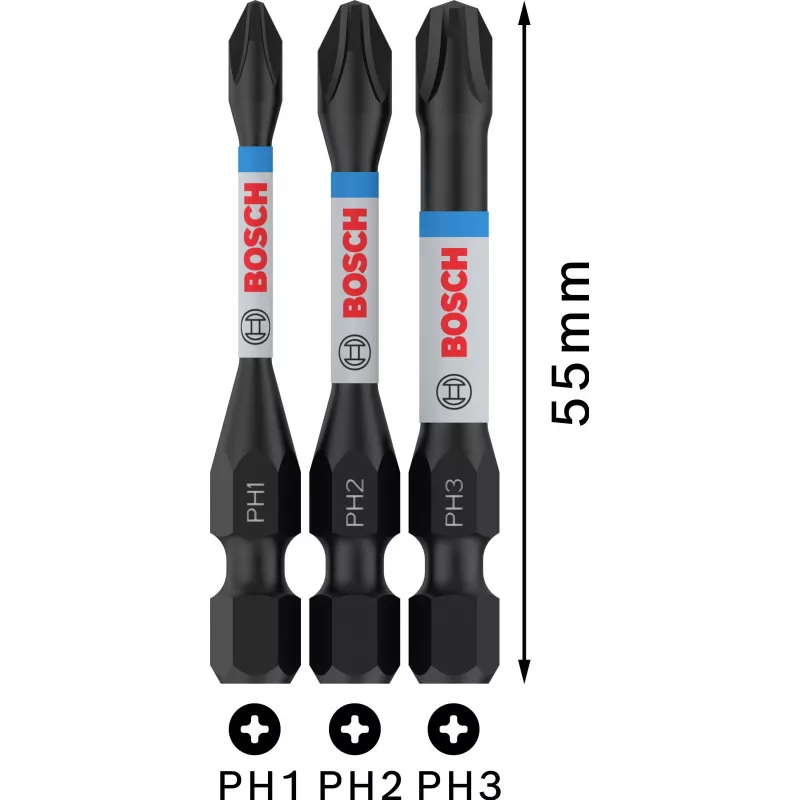 Conjunto de pontas Phillips PH2 Bosch 2608522491, 3 peças, 25 mm, encaixe sextavado de 1/4 polegada