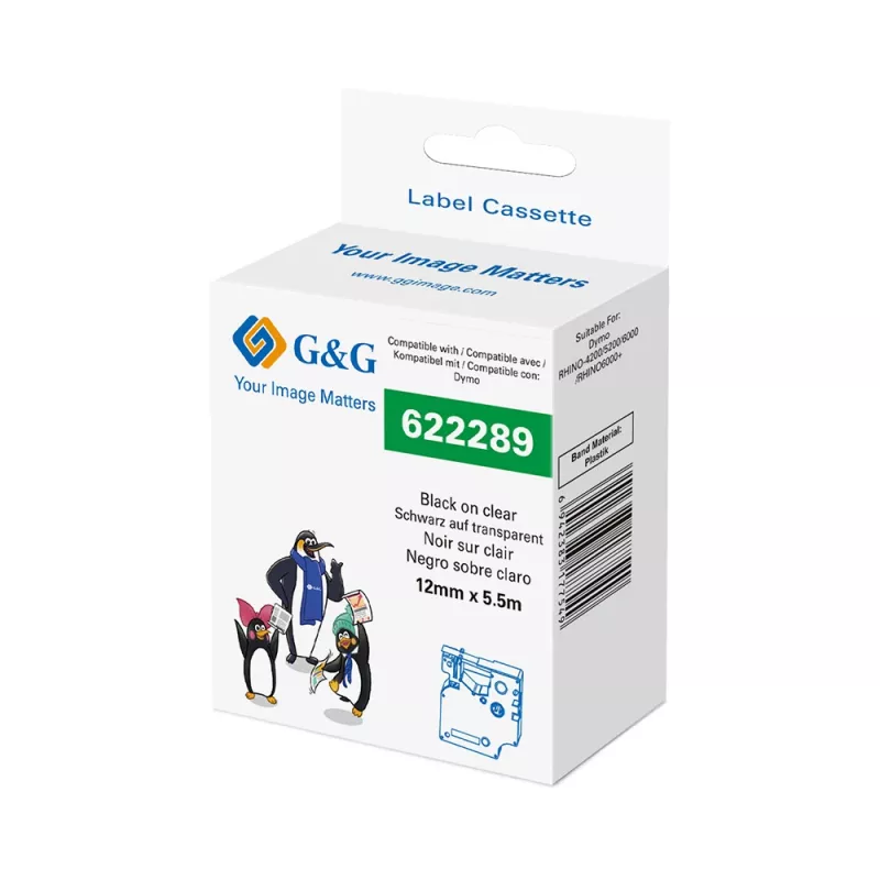 Cartucho de fita de etiquetar em poliéster G&G, transparente com impressão preta, 12 mm x 5,5 m, para Dymo D1 RL-D-Po-622289-BK/CL-12MM*5.5M
