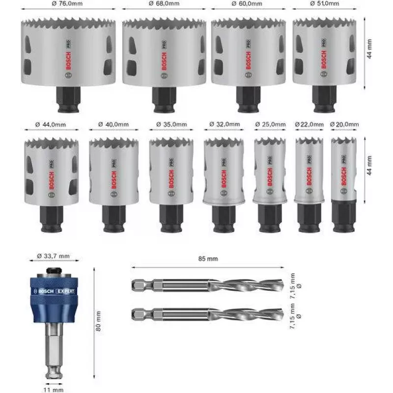 Conjunto de 11 serras copo Bosch 2608594426 Progressor para madeira e metal (20-76 mm) com adaptadores Power Change e brocas-piloto