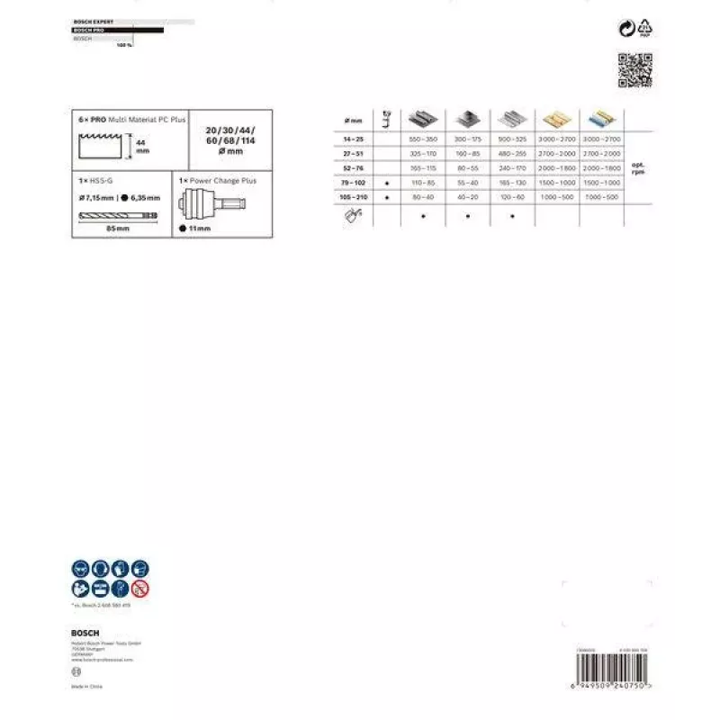 Conjunto de serras copo Bosch Progressor para madeira e metal, 7 peças, diâmetro 20-114 mm, encaixe Power Change, HSS bimetal, com mala 2608594431