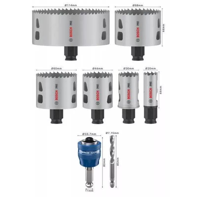 Conjunto de serras copo Bosch Progressor para madeira e metal, 7 peças, diâmetro 20-114 mm, encaixe Power Change, HSS bimetal, com mala 2608594431