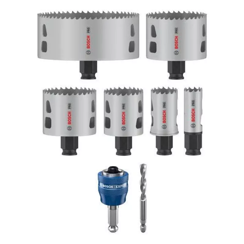 Conjunto de serras copo Bosch Progressor para madeira e metal, 7 peças, diâmetro 20-114 mm, encaixe Power Change, HSS bimetal, com mala 2608594431