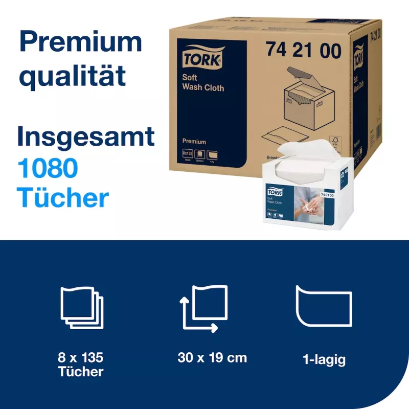 Panos de lavar Tork Premium Soft 1 folha brancos, 1080 panos (742100)