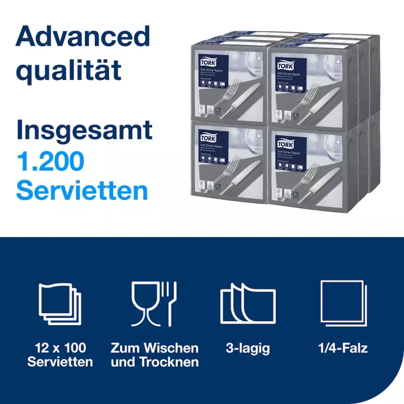 Guardanapos TORK Soft Dinner Advanced antracite 3 camadas 39 x 39,5 cm, 100 unidades (509401)