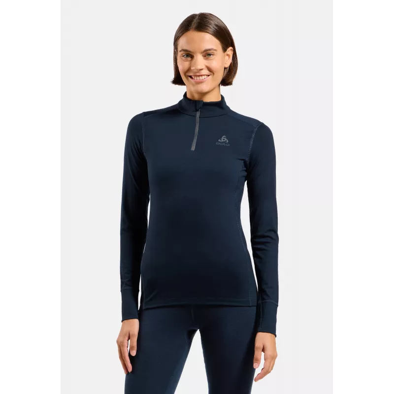 Odlo mulher Merino 200 BL top gola alta manga comprida half zip base layer - Dark Sapphire, Tamanho M