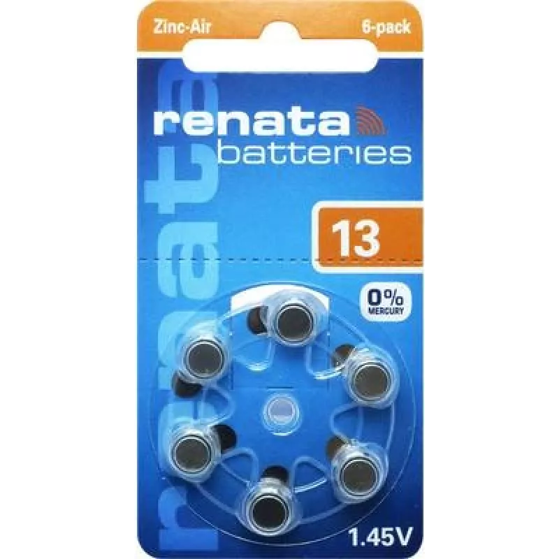Renata ZA13.DP6 0HG Pilha de zinco-ar para aparelhos auditivos PR48, 1,4 V, 305 mAh, pack de 6