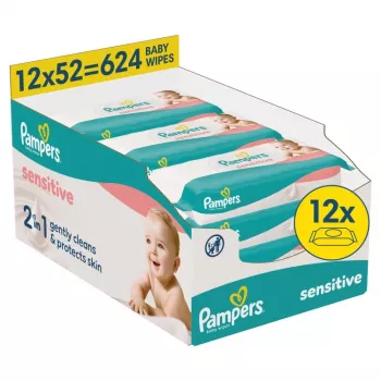 Pampers Sensitive Toalhitas para bebé, 12 embalagens de 52, 624 unidades, sem perfume, sem álcool, testadas dermatologicamente
