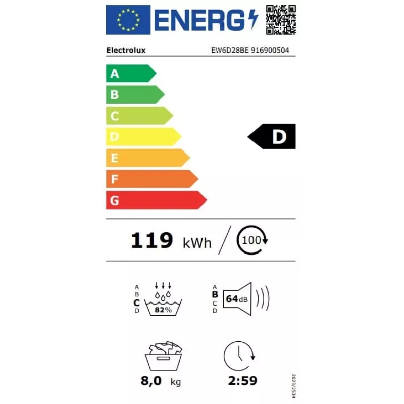 Electrolux EW6D28BE Máquina de secar roupa com bomba de calor 8kg, classe energética A+++, branco