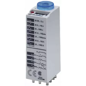 Finder 85.03.0.125.0000 Relé temporizador multifunções, 1 CO 16A, 12-24V AC/DC, 0,05s-100h, calha DIN